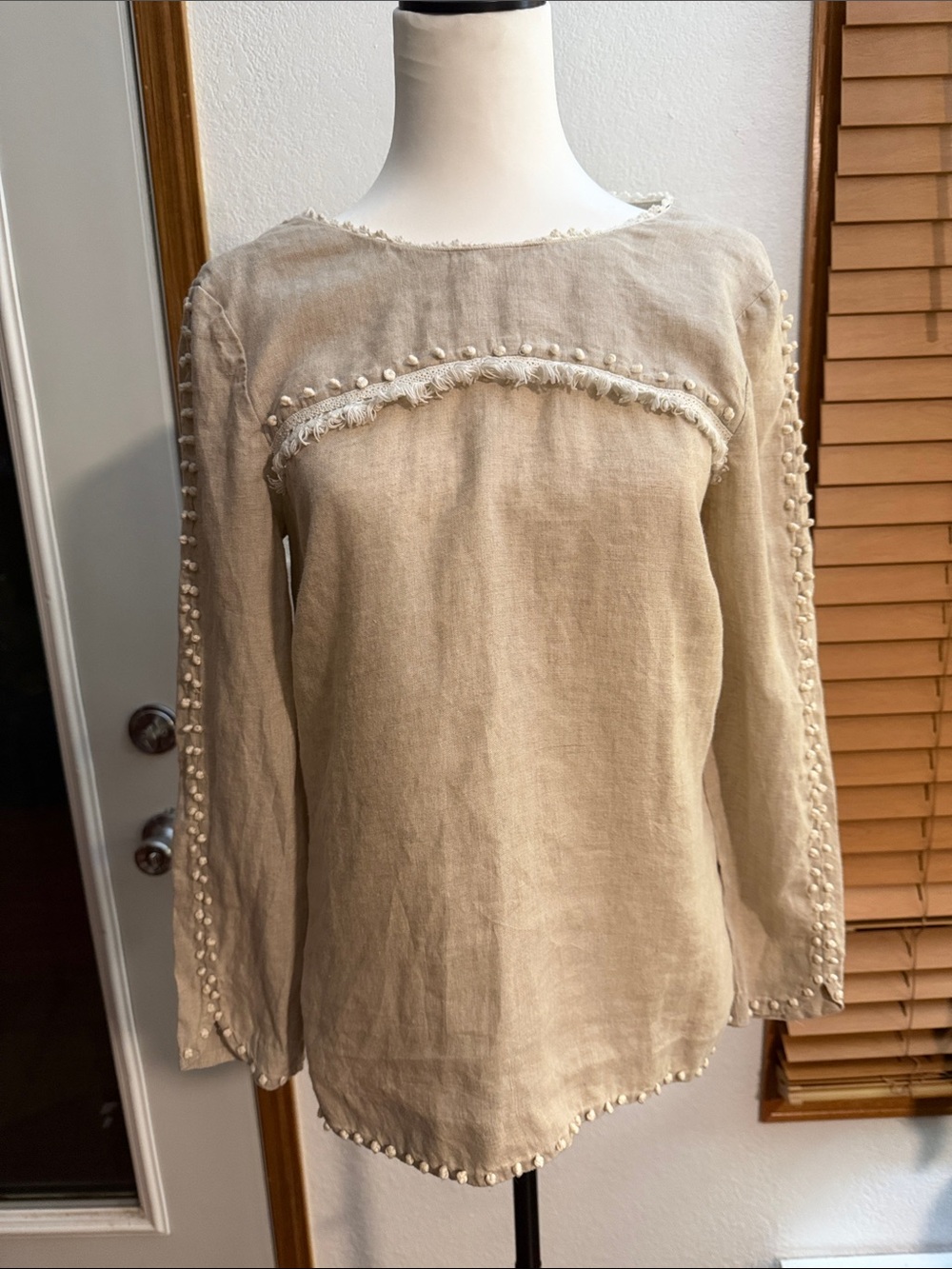 J.Crew Cream Linen Embroidered Pom Pom Blouse Size 2